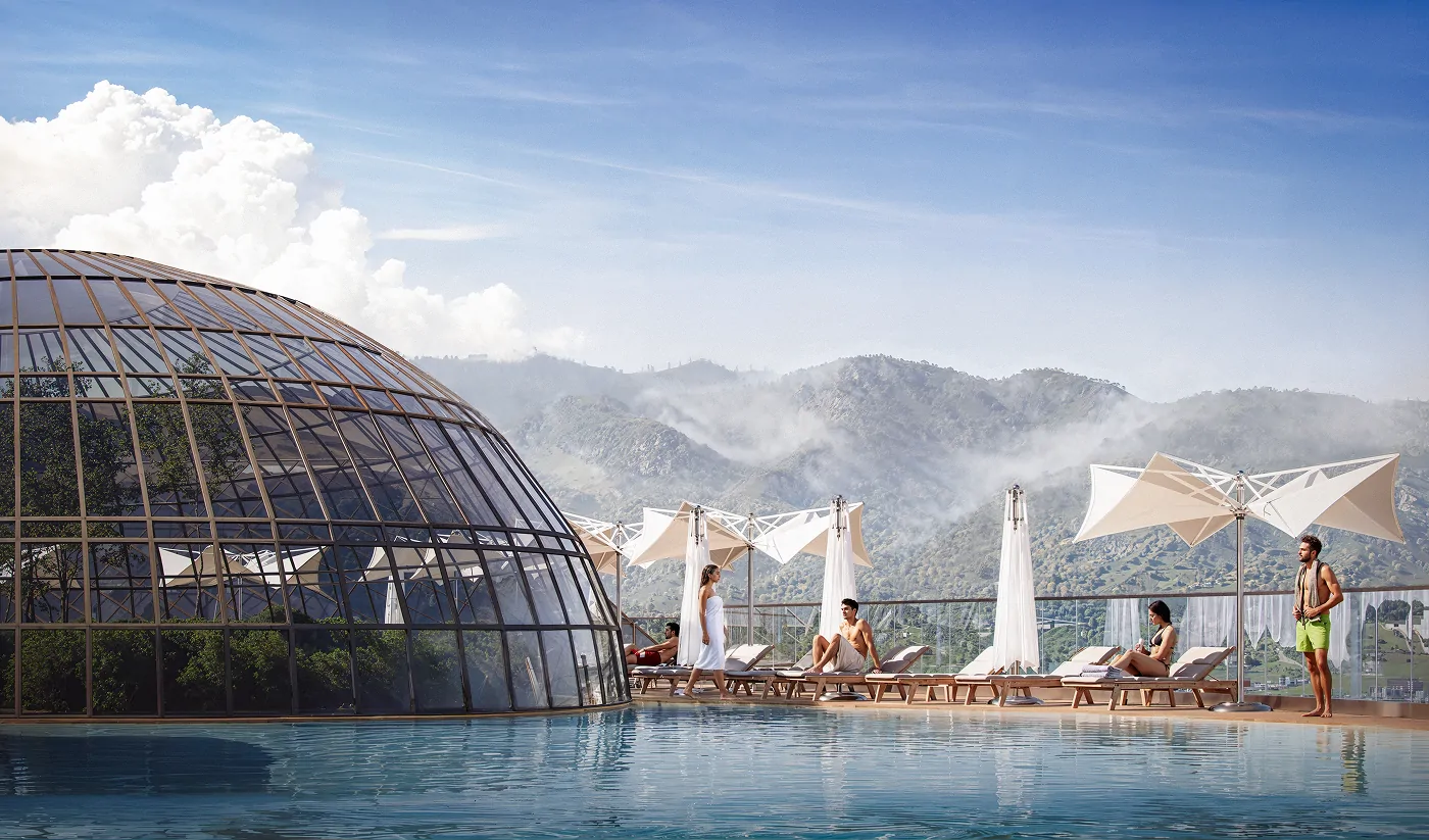 OPUS Signature domed rooftop wellness deck facing the mountains